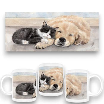 Cup Coffee Cup Mug watercolor art print Cat and dog - T15